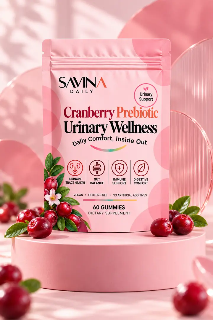 Cranberry Prebiotic pouch on a pink pedestal surrounded by cranberries