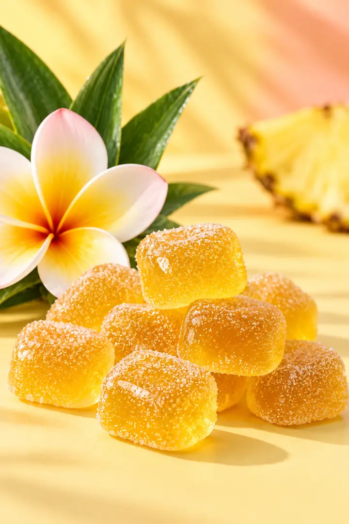 Golden pineapple gummies beside a plumeria flower and pineapple slice