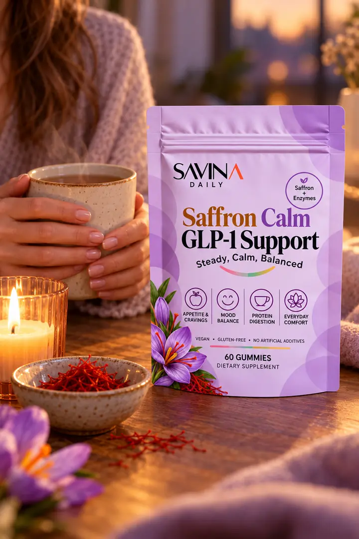 Saffron Calm pouch on a wooden table beside a mug of tea, a candle and saffron threads