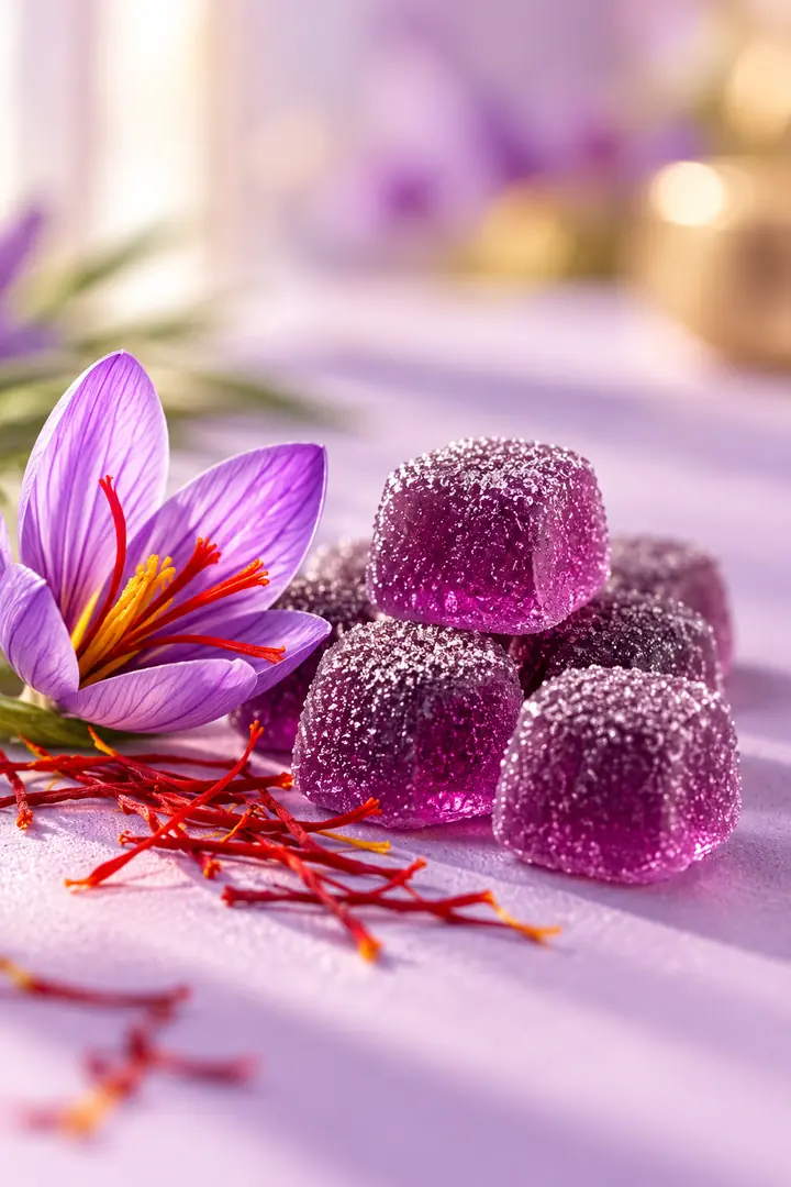 Violet saffron gummies beside a saffron crocus and red saffron threads
