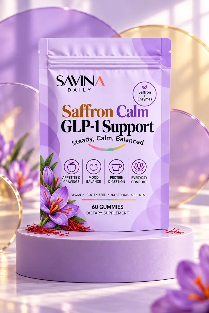 Saffron Calm pouch on a lilac pedestal with saffron flowers